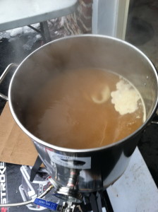 The brew pot has been filled with the sparged grains and is set to boil.